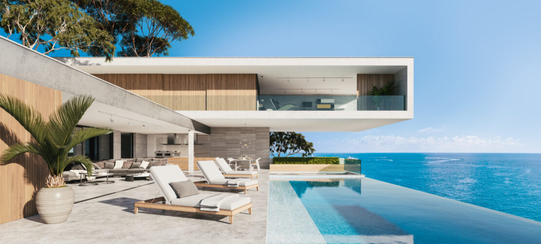 Contemporary house with pool. Pool deck at private villa. 3d ill