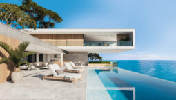 Contemporary house with pool. Pool deck at private villa. 3d ill