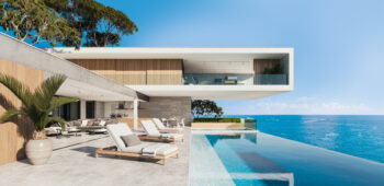 Contemporary house with pool. Pool deck at private villa. 3d ill