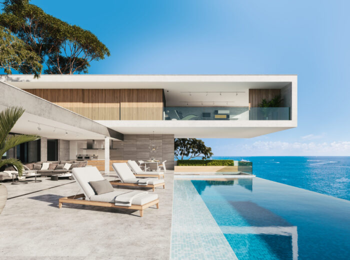Contemporary house with pool. Pool deck at private villa. 3d ill